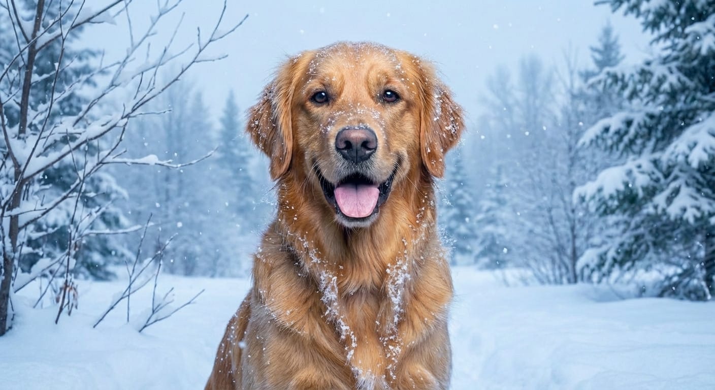 Golden retriever in a snowy winter scene with a warm cozy glow
